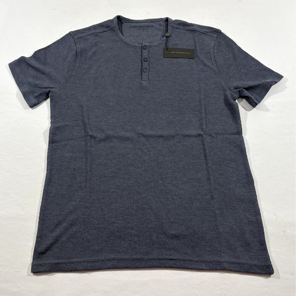 John Varvatos Mens Blue Short Sleeve Texture Stitch Henley Cotton Shirt Sz M NWT